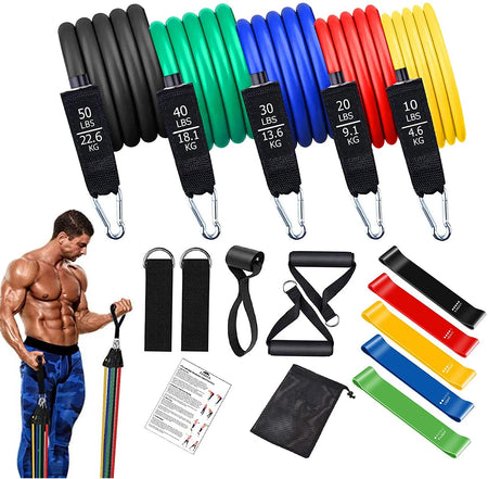 Workout Bar Fitness Resistance Bands Set &ndash; Versatile At Home 150lbs-17pcs 1