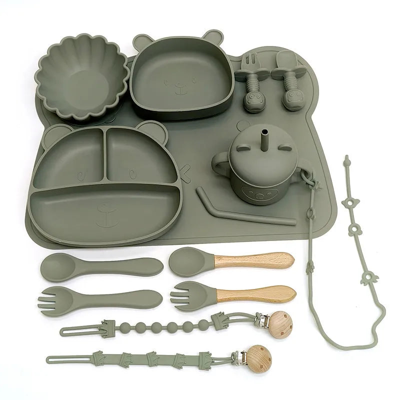 Children's Silicone Meal Plate Set &ndash; Fun Bear Design with Suction Cups green