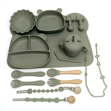Children's Silicone Meal Plate Set &ndash; Fun Bear Design with Suction Cups green