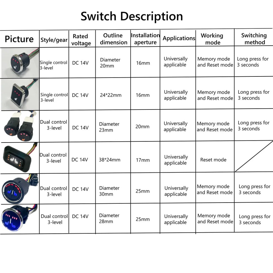 Универсален комплект за отопление на автомобилни седалки, 12V 27W сплавни нагревателни подложки, 3-степенен превключвател