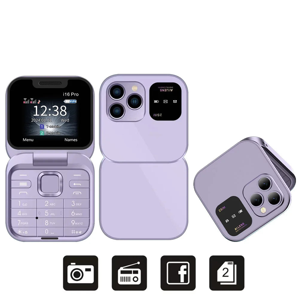SERVO 2024 Mini Flip Phone &ndash; Ultra Slim Dual SIM FM Radio Purple