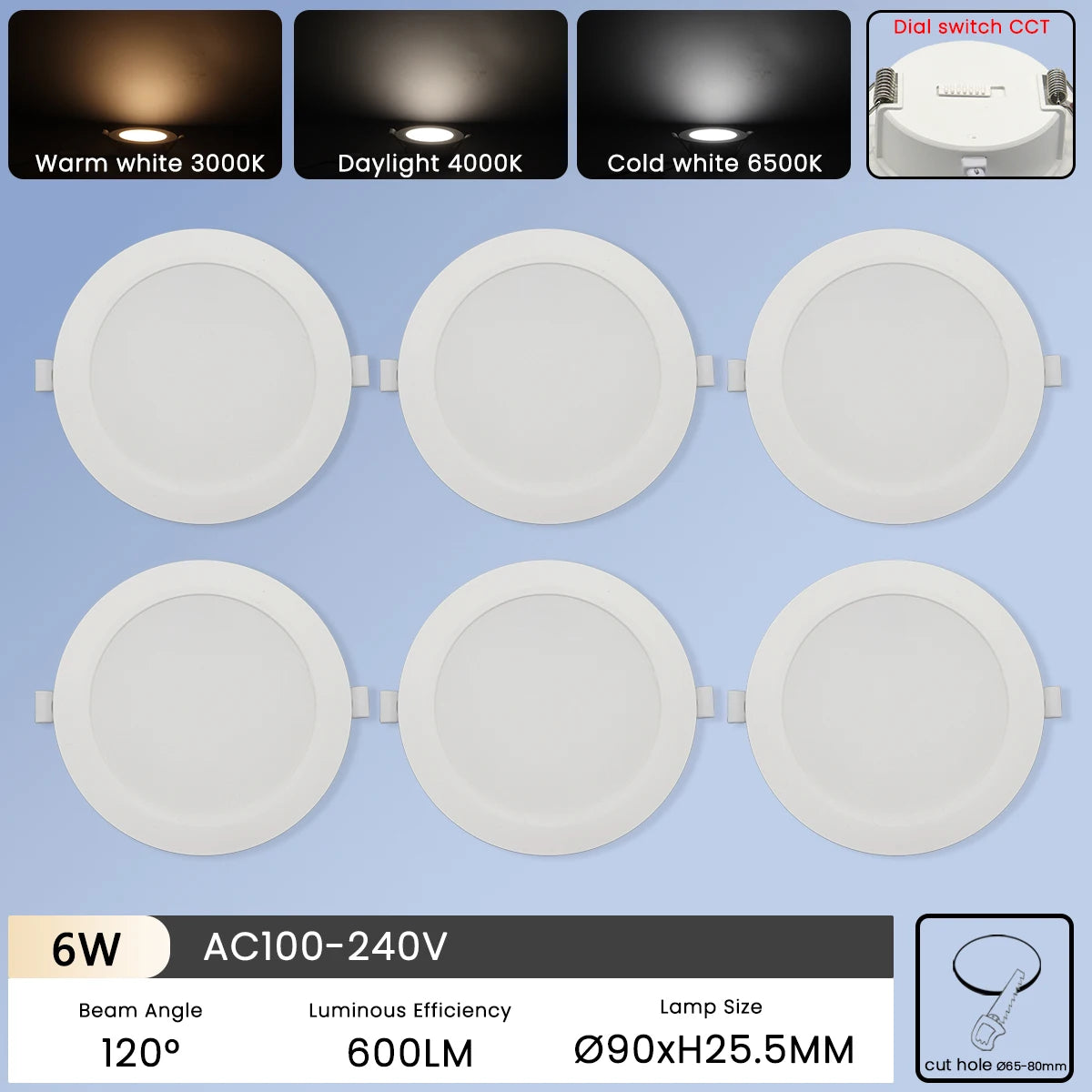 6Pcs Color Adjusted LED Downlight - CCT Dial Switchable 6W / AC100-240V / 6pcs