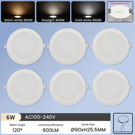 6Pcs Color Adjusted LED Downlight - CCT Dial Switchable 6W / AC100-240V / 6pcs