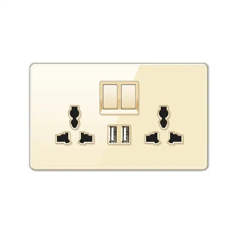 Luxury All Tempered Glass Wall Lamp Switch Button Golden UK Plug 13A Universal Wall Socket with Usb ,220V2gang2way Dimmer Switch universal usb socket
