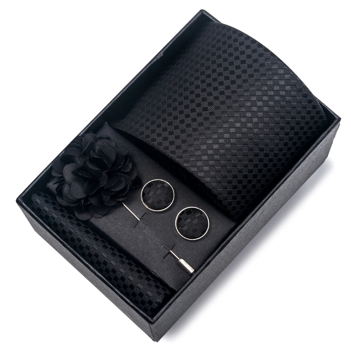 VanGise Red Print Silk Tie Set with Handkerchief and Cufflinks in Gift Box FB264