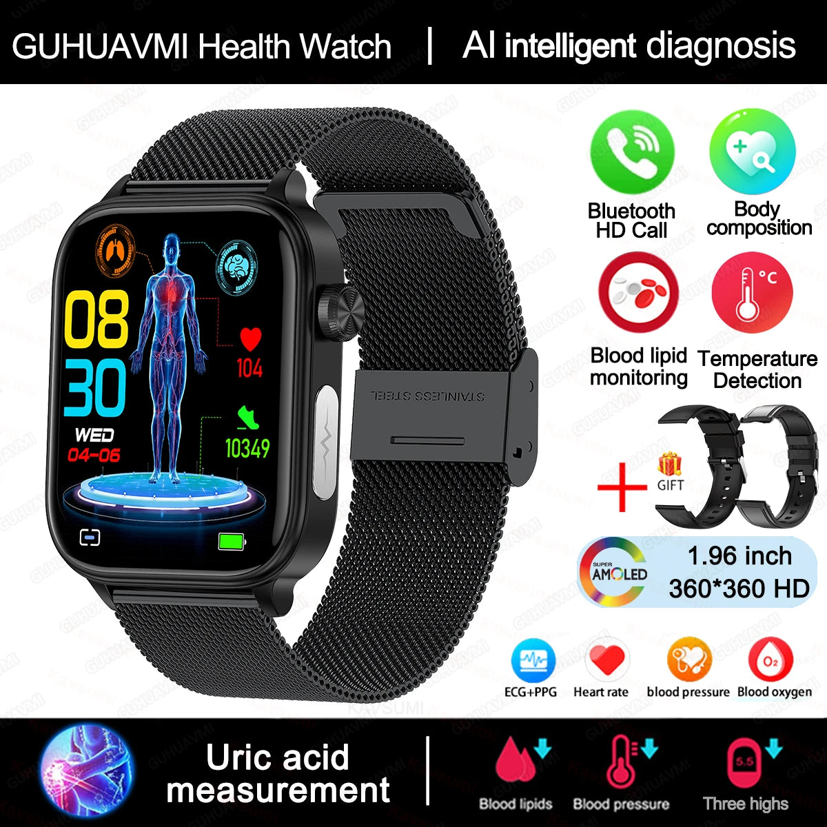 AI Diagnostic Detector Smart Watch &ndash; Comprehensive Health Tracking Black-Mesh-Belt-2A / Health monitoring