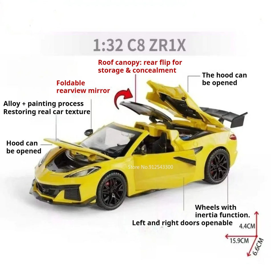 Model de mașină din metal la scară 1:32, jucărie cu tracțiune prin tragere, cu uși deschise.