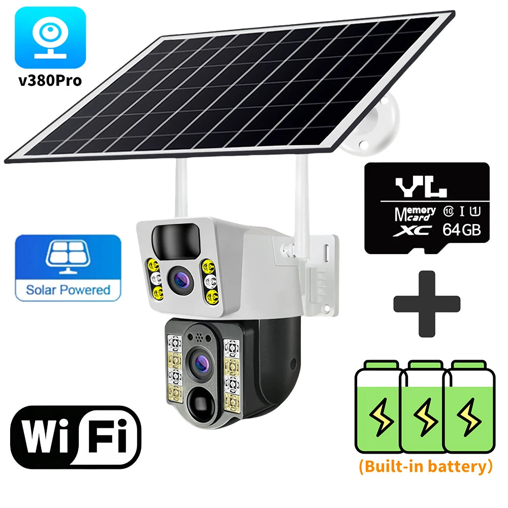 V380 Pro 8MP HD Solar Camera WIFI Smart Home Security Protection Home 360 Monitor 4K 4G SIM Card Outdoor with Battery 4G Network WIFI Cam 64G Card