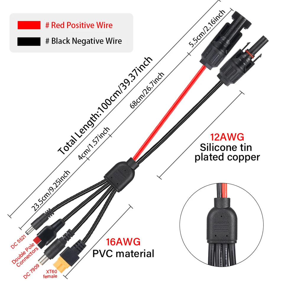 4-In-1 Solar Panel Connector Cable Splitter for DC5521 DC7909 XT60 Female
