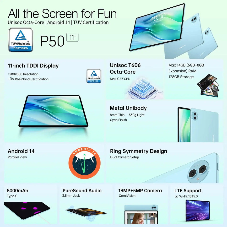 Teclast P50 Tablet Android 14 11 Inch LTE 14GB RAM 128GB
