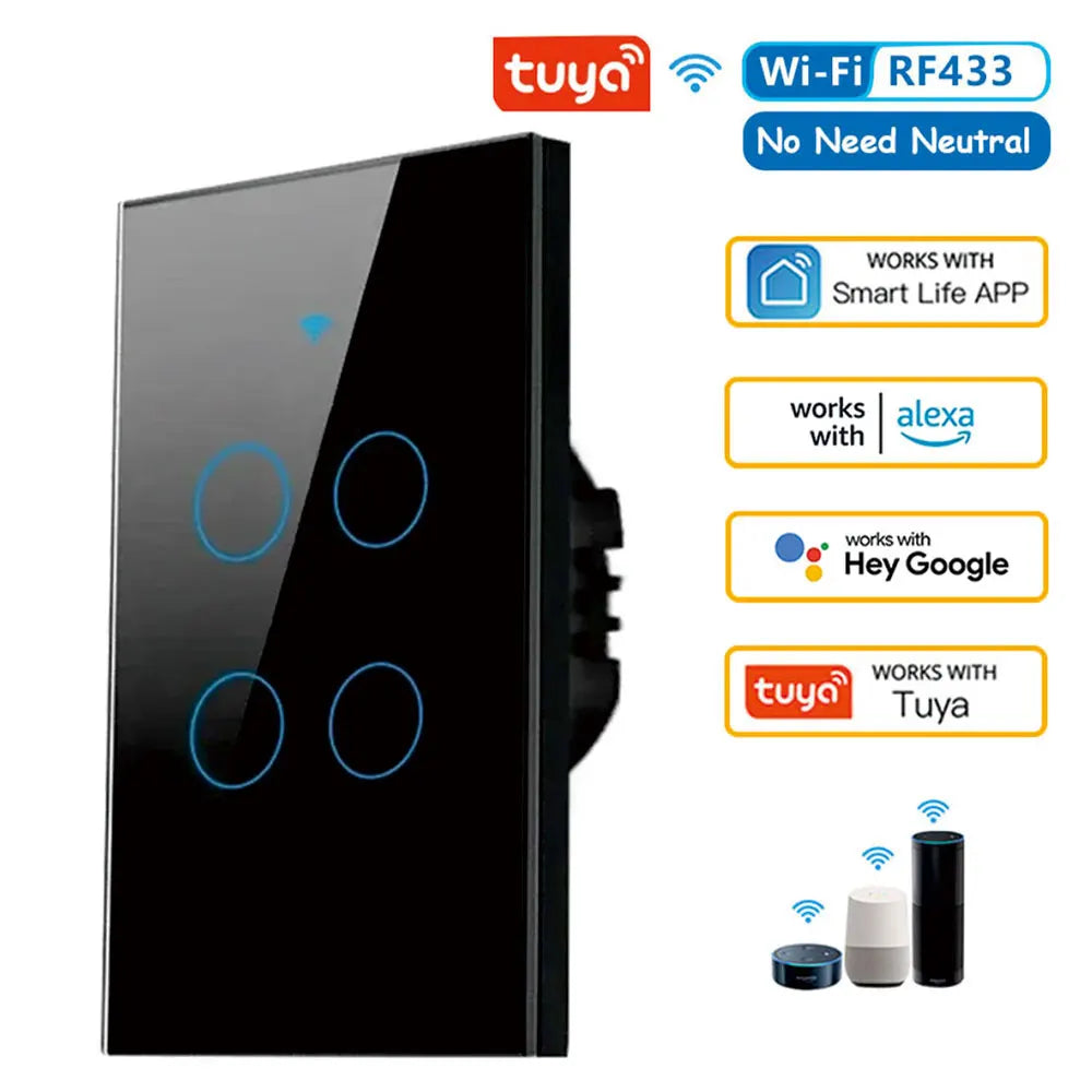 Tuya US WiFi Smart Wall Switch - Alexa &amp; Google Home Compatible Black 4 Gang