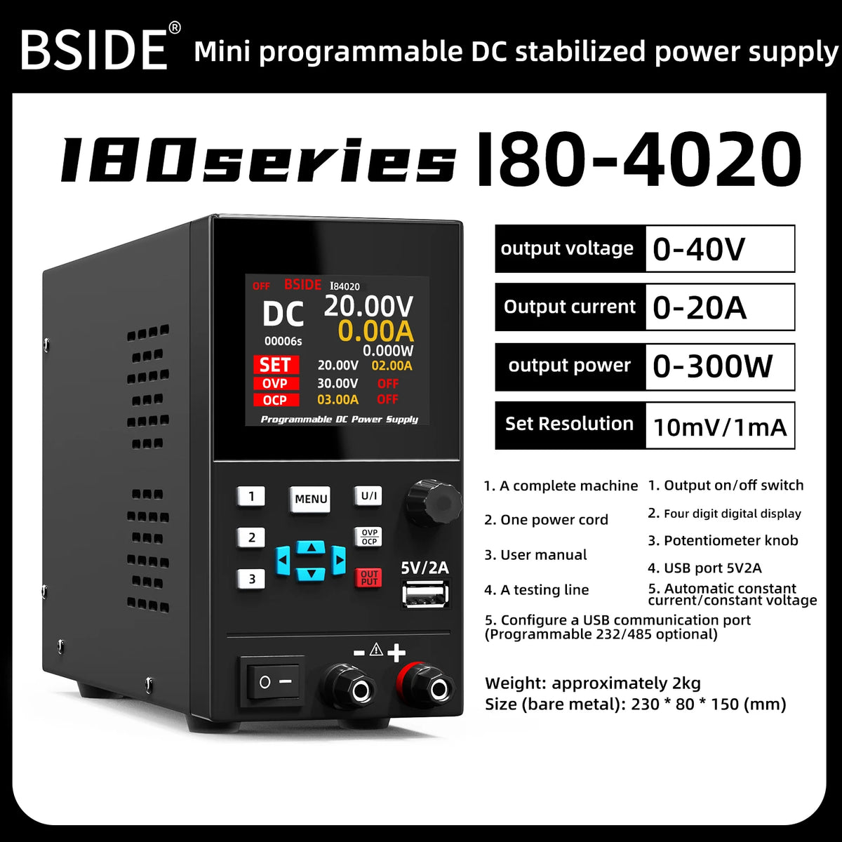 BSIDE DC Regulated Power Supply &ndash; Programmable Color Screen 40V 20A-EU Plug-220V / CHINA