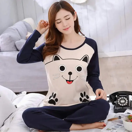 Autumn Thin 2-Piece Pajama Set - Round Neck &amp; Cartoon Style for Women