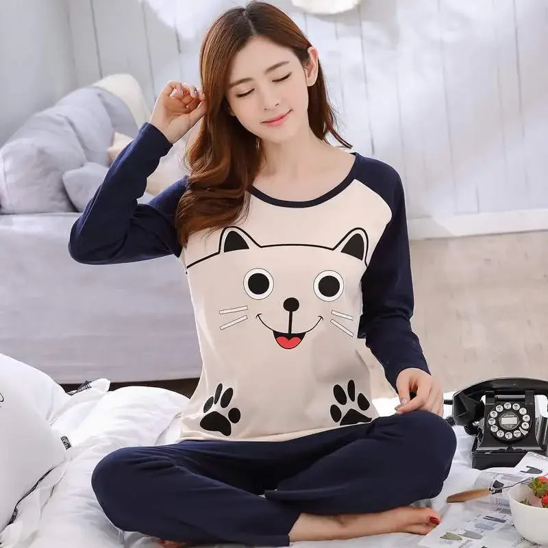 Autumn Thin 2-Piece Pajama Set - Round Neck &amp; Cartoon Style for Women