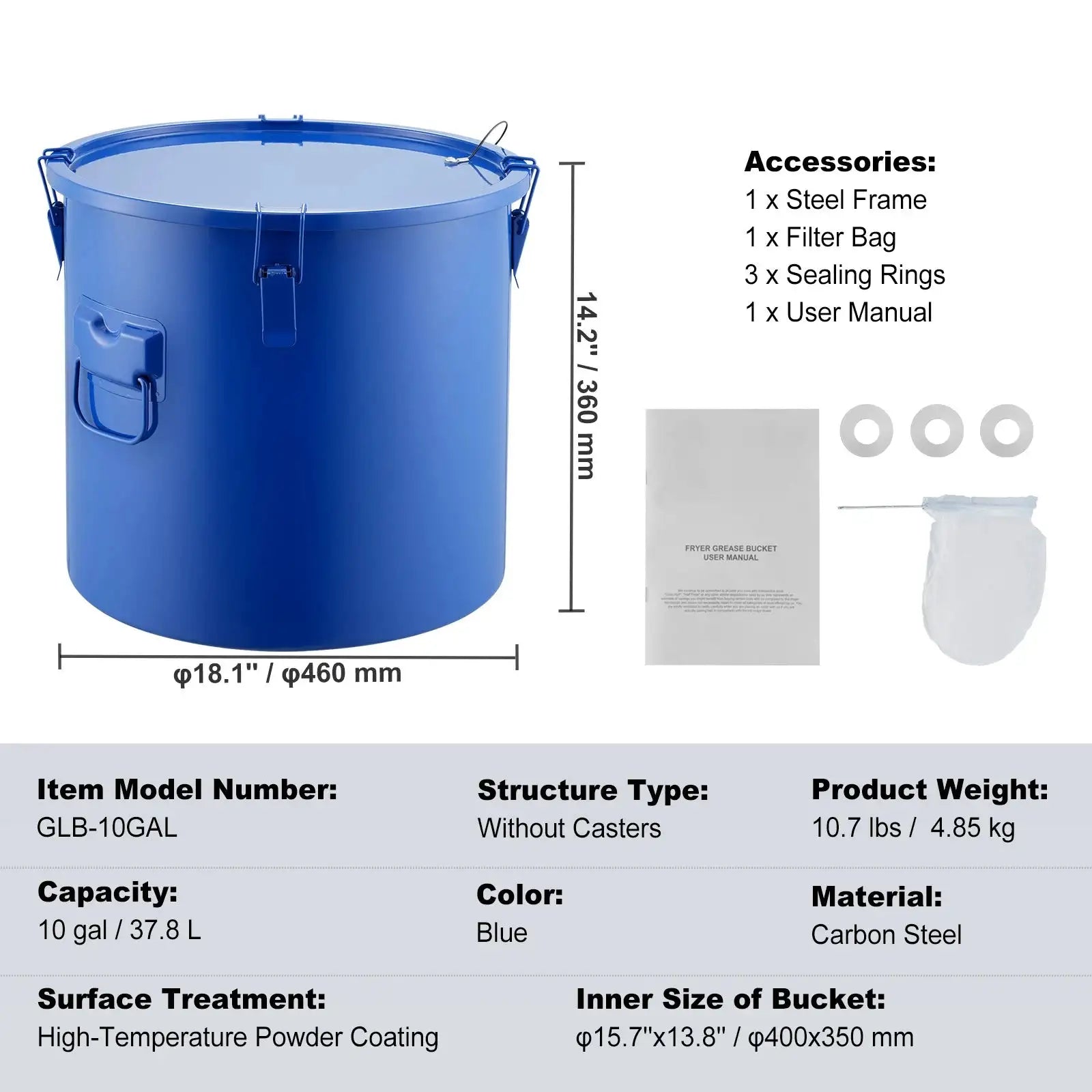 10 Gal Fryer Grease Bucket Carbon Steel Rustproof Lock Clips carbon steel / spain