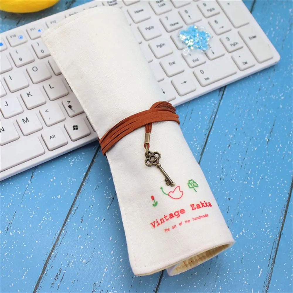 Kawaii 12-Hole Roll-Up Pencil Case for School Supplies White