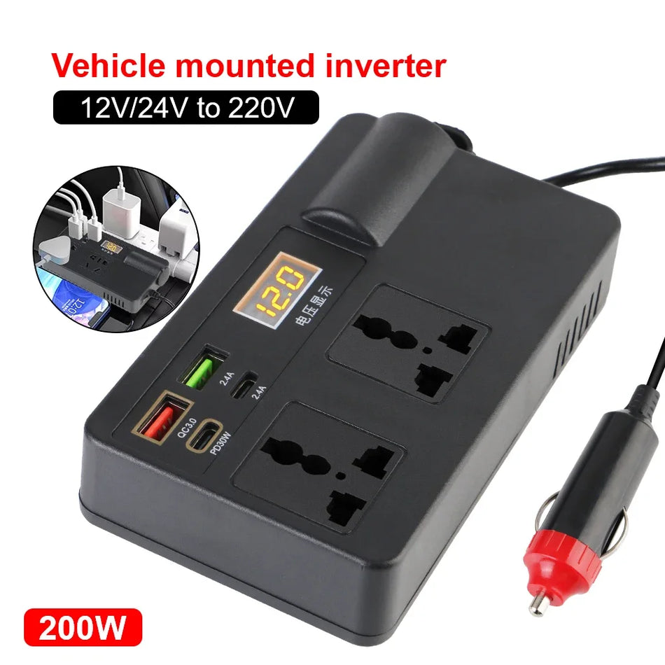 200W Car Power Inverter DC To AC With 7 USB And PD Type C Ports