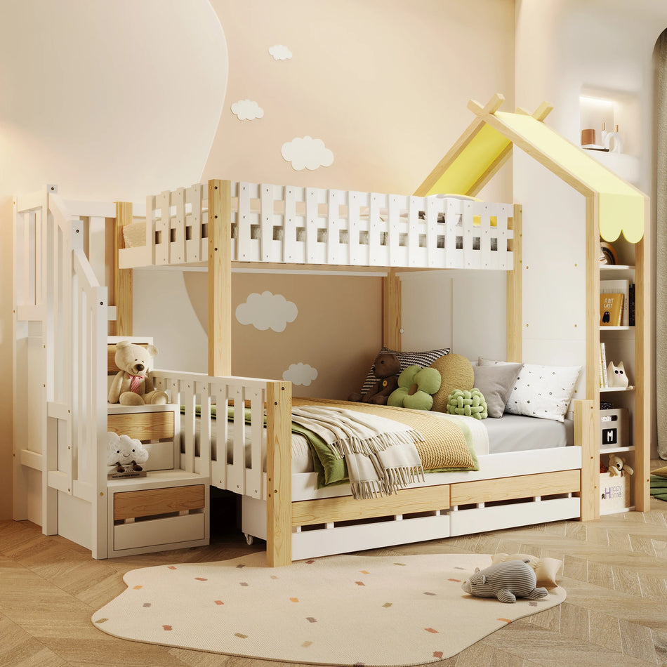 Vit våningssäng 90x200 och 140x200 med förvaringslådor två