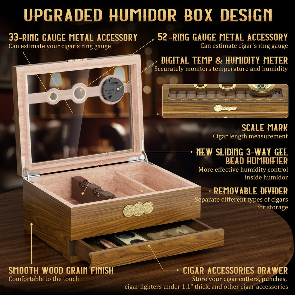 Umidificatore per sigari da scrivania con piano in vetro e igrometro digitale