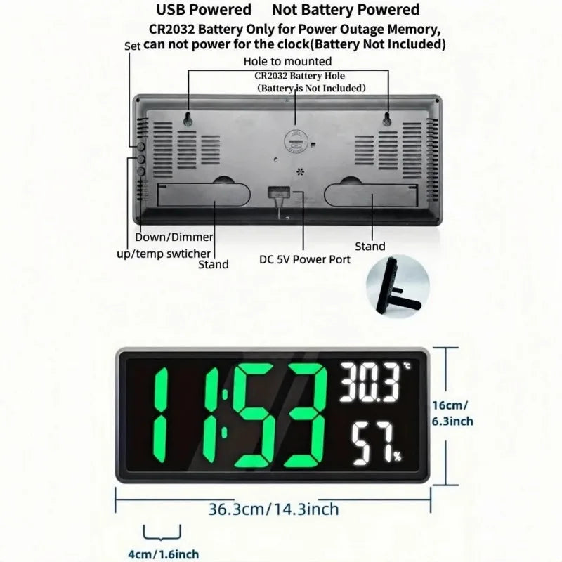 Velika digitalna stenska ura s prikazom temperature in vlažnosti ter nočnim načinom