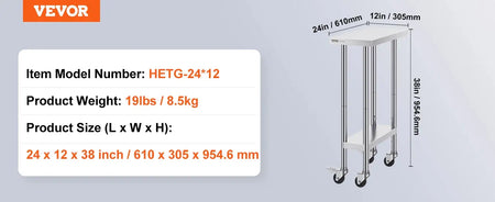 Stainless Steel Work Table Four Wheels 500 Lbs Load 24x12inch / france