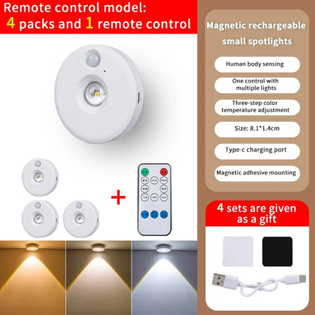 PIR Motion Sensor LED Cabinet Light - Dimmable Night Light 4Lamp With RC / CHINA