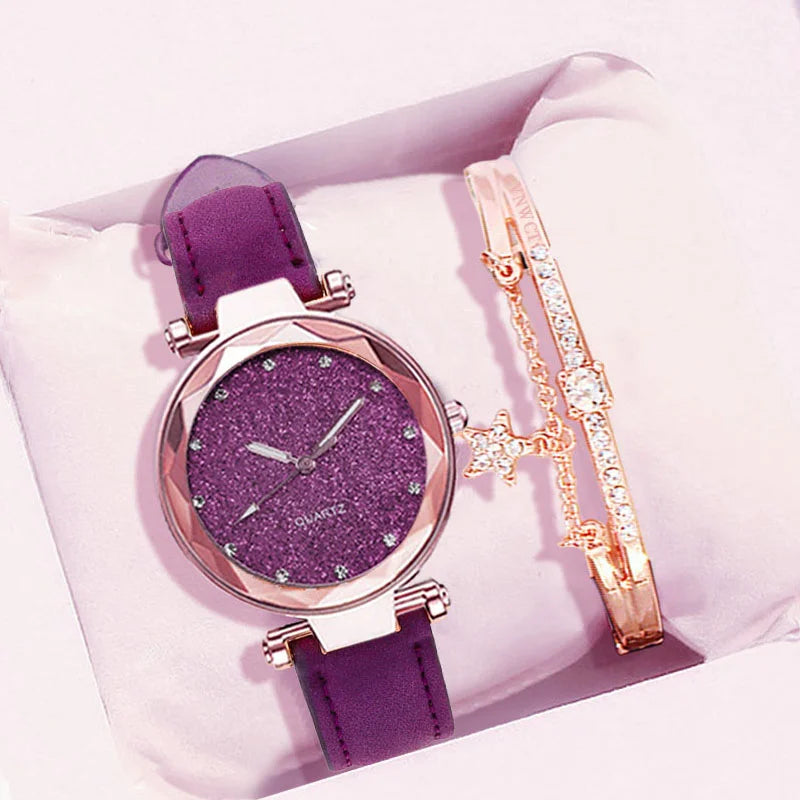 Romantic Starry Sky Leather Bracelet Watch for Women Purple Bracelet