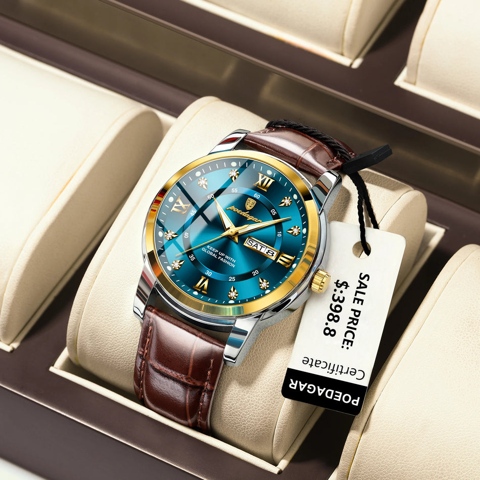 Luxury Men's Quartz Wristwatch, Waterproof Leather Band, Luminous Week Date