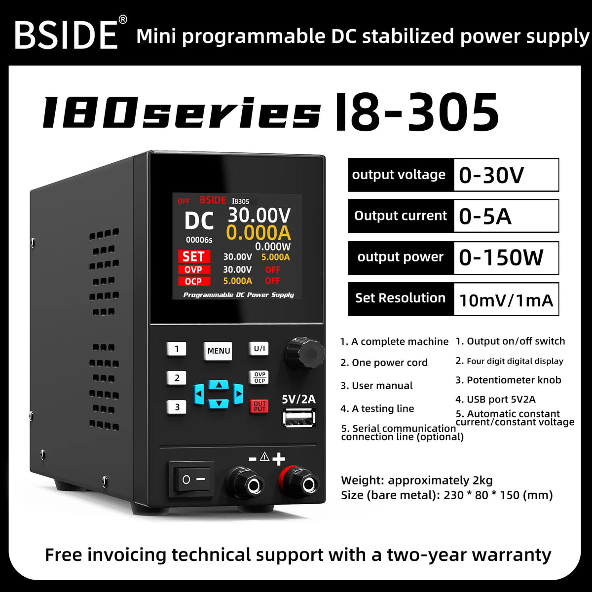 BSIDE DC Regulated Power Supply &ndash; Programmable Color Screen 30V 5A-US Plug-110V / CHINA