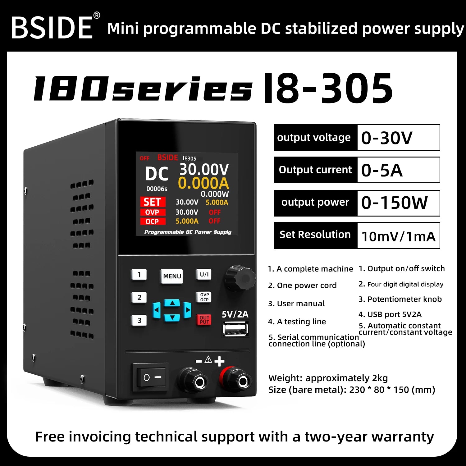 BSIDE DC Regulated Power Supply &ndash; Programmable Color Screen 30V 5A-US Plug-110V / CHINA