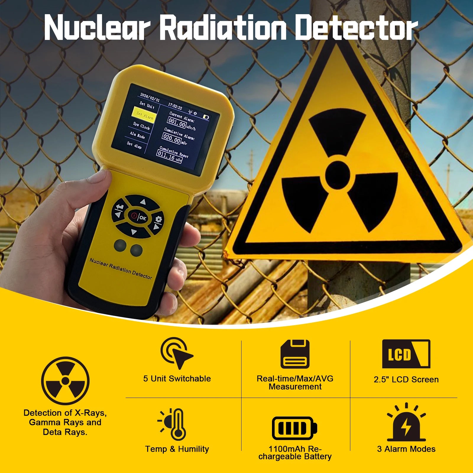 Geiger Counter Nuclear Radiation Detector | Personal Dosimeter with Alarm for B, X-Ray, Gamma