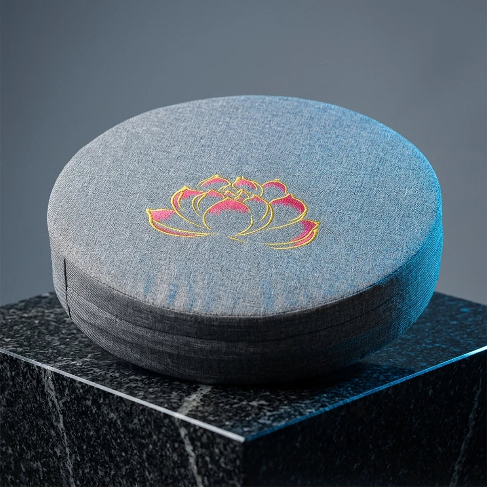 Rundes Leinen-Yoga-Fußkissen mit Lotus-Stickerei, graues Zafu-Kissen