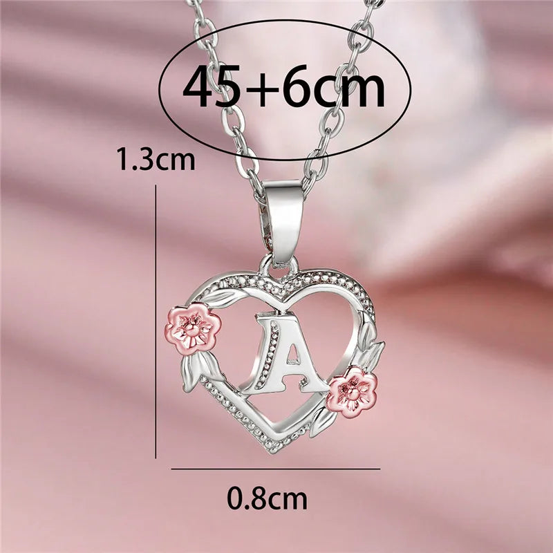Charming Silver A-Z Letter Flower Pendant Necklace for Women