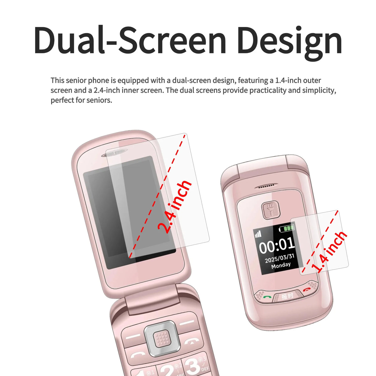 Stylish Ladies Flip Phone Dual Display Keypad &ndash; SOS Button