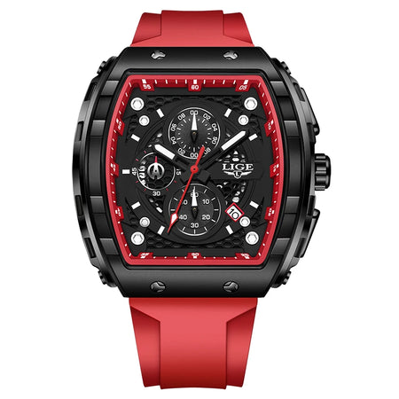 LIGE Luxury Square Casual Quartz Watch - 50M Waterproof Chronograph Red