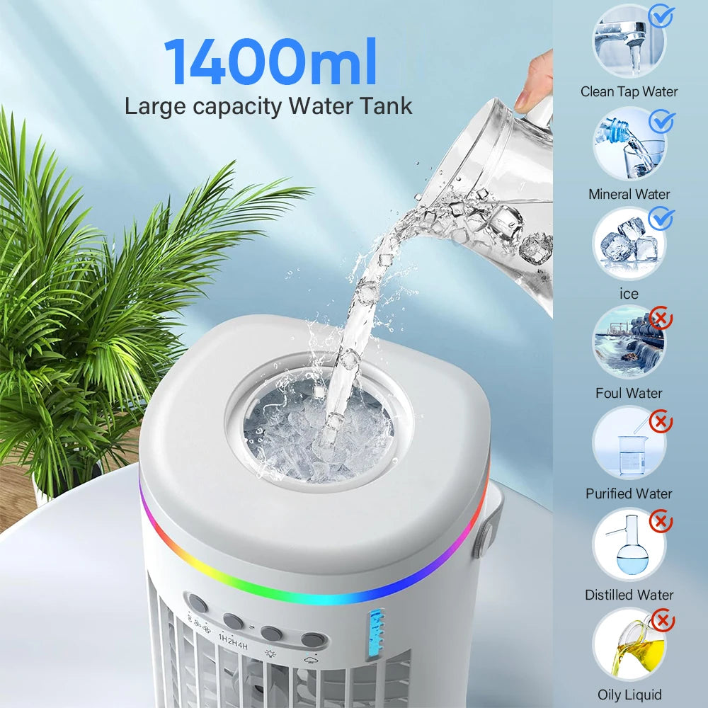 Portable Air Cooler - USB Powered, 3 Speeds, 1400ml, 7 Colors, Quiet Fan for Home &amp; Office