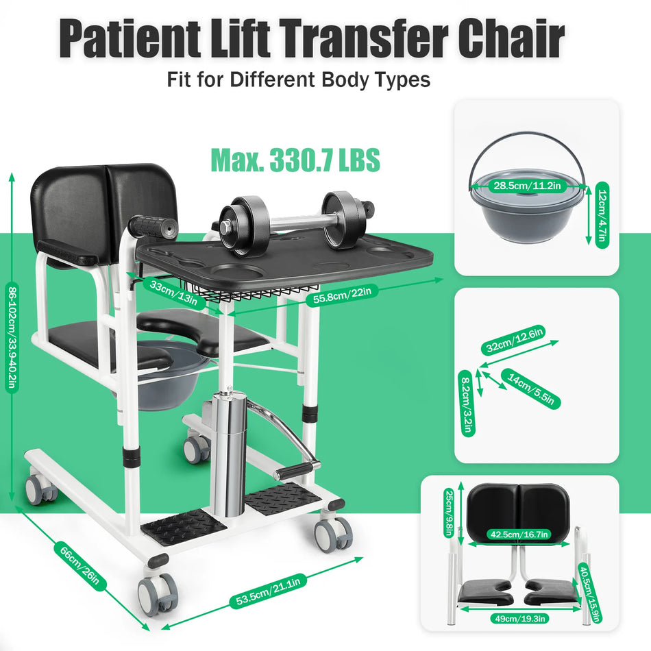 Justerbar højde patientløftestol hydraulisk toilet hjul