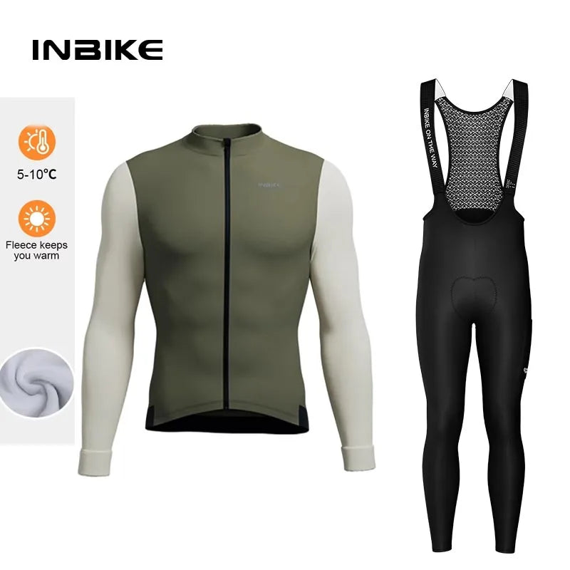 INBIKE Fleece Mens Cycling Jersey, Winter Warm Long Sleeve Set for Bike Riding, Polyester Spandex Pants