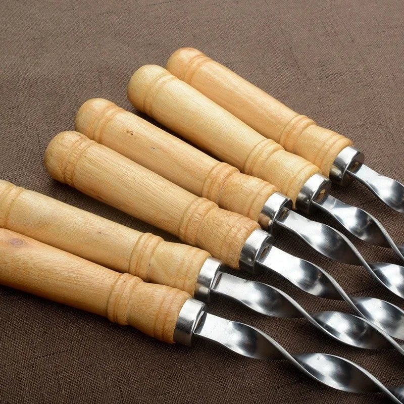 Premium 12-Piece Stainless Steel Barbecue Skewers with Wooden Handles