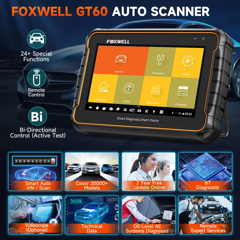 FOXWELL GT60 Strumento Diagnostico OBD2 Scanner Bidirezionale Tutti i Sistemi con Reset EPB AF e Rigenerazione DPF