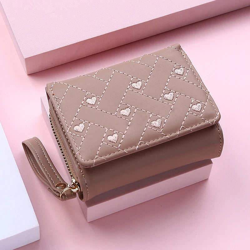 Korean Minimalist Embroidered Love Pattern Tri-Fold PU Wallet for Women Khaki