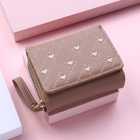 Korean Minimalist Embroidered Love Pattern Tri-Fold PU Wallet for Women Khaki