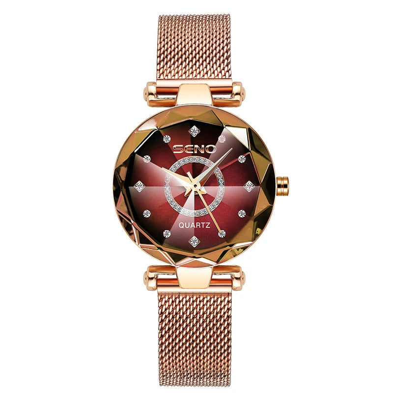 SENO Ocean Star Luxury Rose Gold Women's Crystal Bracelet Watch mesh red
