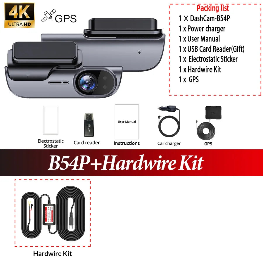 ACCEO Dashcam Auto 4K Car DVR - Night Vision GPS WiFi B54P-With GPS-Kit / None