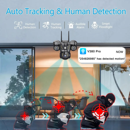 V380 Pro 15MP WIFI IP Solar Camera Three Lens Audio Outdoor IP66 Waterproof Built-in Battery HD Security CCTV 4G Network Camera