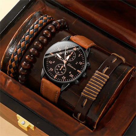 Luxury Brown Leather Quartz Watch with Bracelet Set for Men BROWN