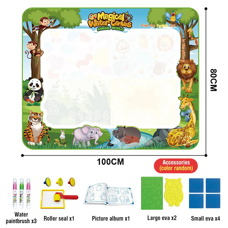 100x80CM Magic Water Drawing Mat with Reusable Magic Pens Doodle Montessori Painting Board Educational Toys Kids Gifts 39X31in animals
