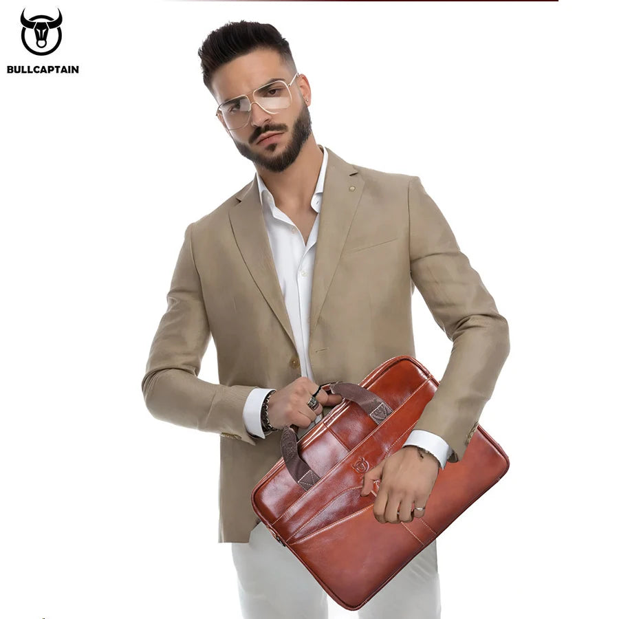 BullCaptain Genuine Cow Leather Briefcase For 15 Inch Laptop, Mens Professional Leather Case