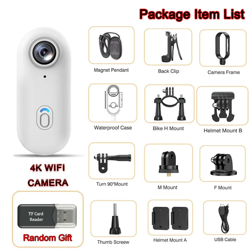 4K Mini Body Camera &ndash; WiFi Enabled Action Cam For Sports UHD Pro 4K (White) / With 64G TF Card