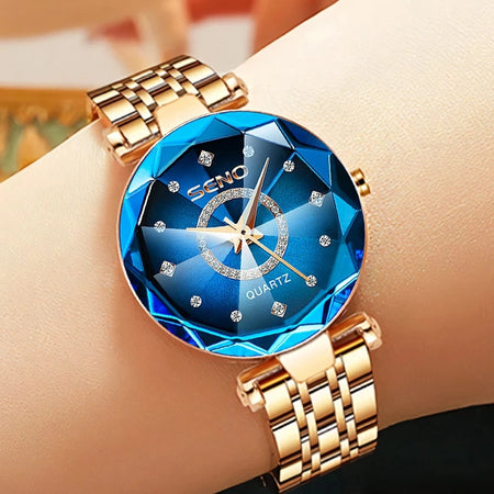SENO Ocean Star Luxury Rose Gold Women's Crystal Bracelet Watch blue